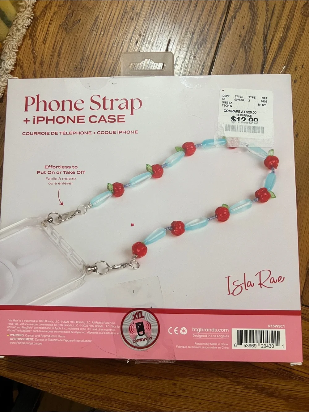 Pencey Pink-Trim Clear iPhone Case with Red Cherry & Light Blue Beaded Strap